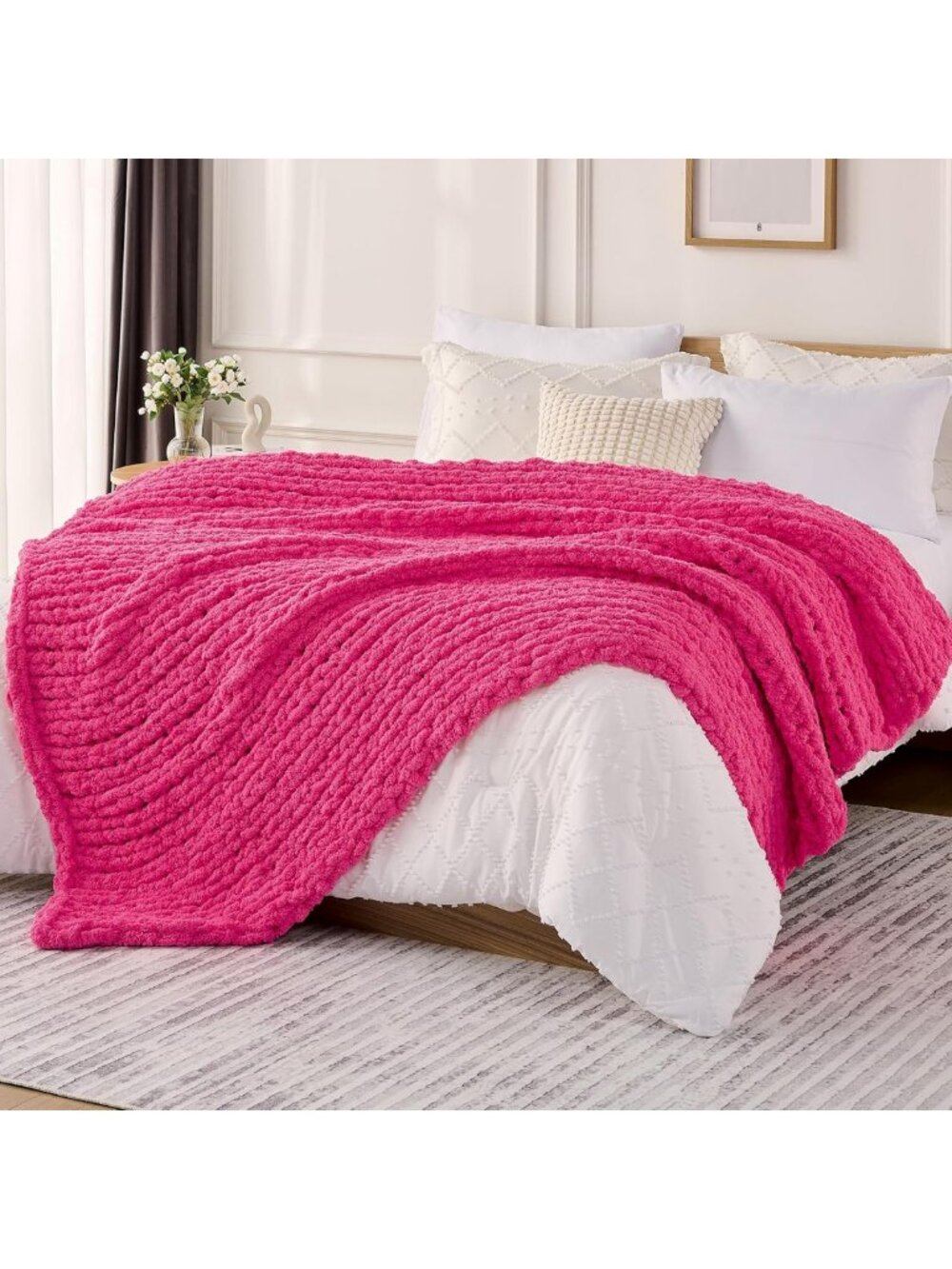 Cozy Hot Pink Chunky Knit Throw Blanket, 50x60 Inches for Couch & Home Decor